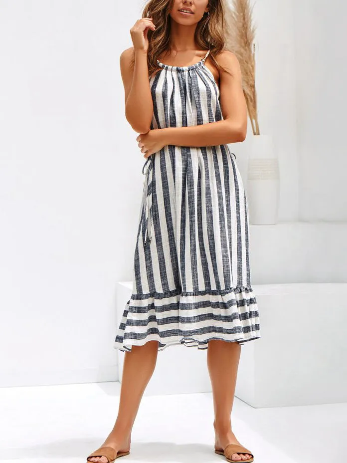 Striped Stitching Waistband Loose Hanging Neck Dress