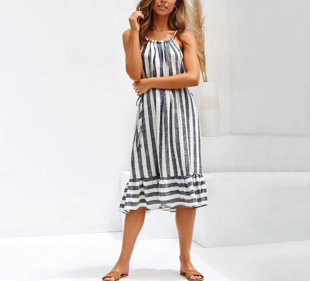 Striped Stitching Waistband Loose Hanging Neck Dress