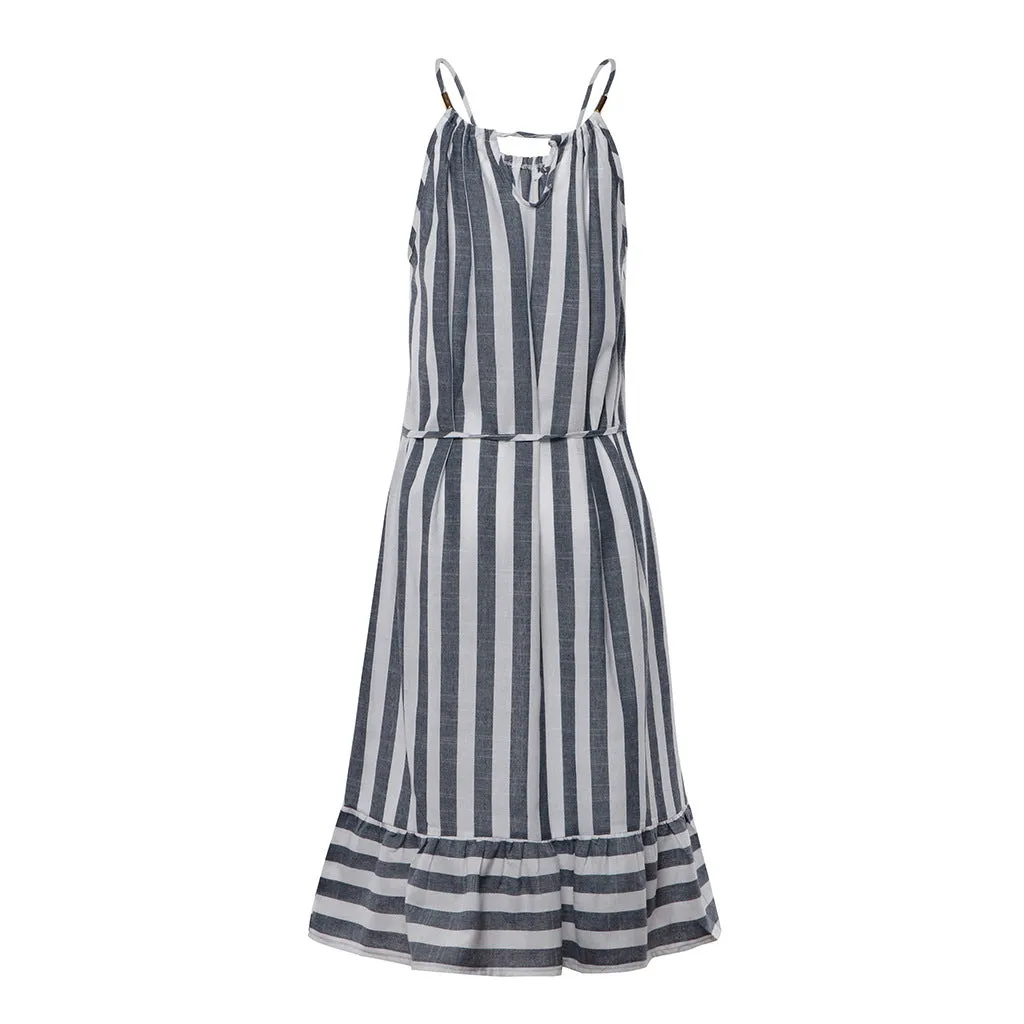 Striped Stitching Waistband Loose Hanging Neck Dress