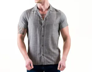 STRIPPED GRAY COTTON/LINEN SHORT SLEEVE SHIRT