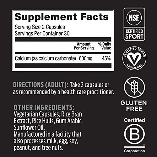 Suplementos Vega Sport Pro, calcio (60 cápsulas) – Certificado NSF, vegano certificado, píldoras sin gluten