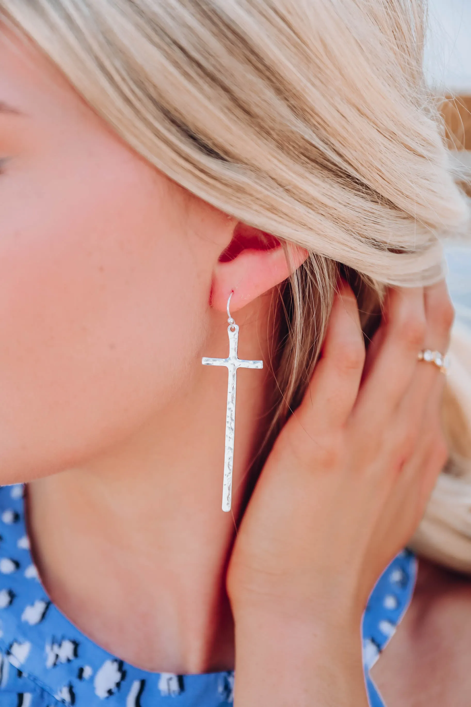 Textured Cross Earrings - Silver