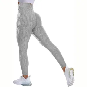 Textured High Rise Leggings - Gray With Pockets