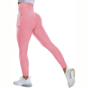 Textured High Rise Leggings - Pink With Pockets
