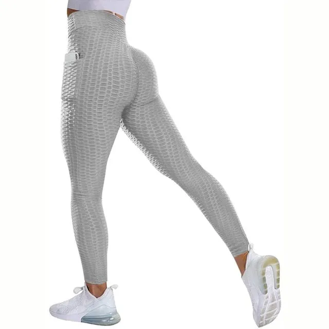 Textured High Rise Leggings - Pink With Pockets