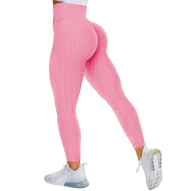 Textured High Rise Leggings - Pink With Pockets