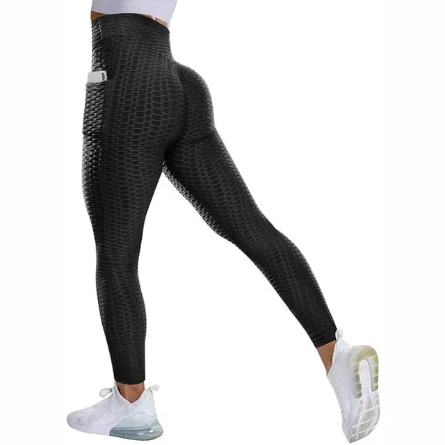Textured High Rise Leggings - Pink With Pockets
