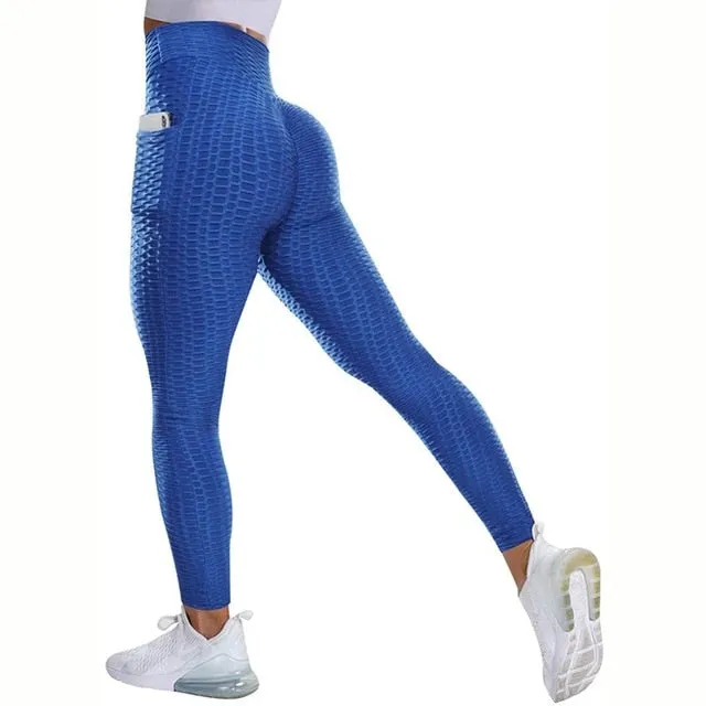 Textured High Rise Leggings - Pink With Pockets