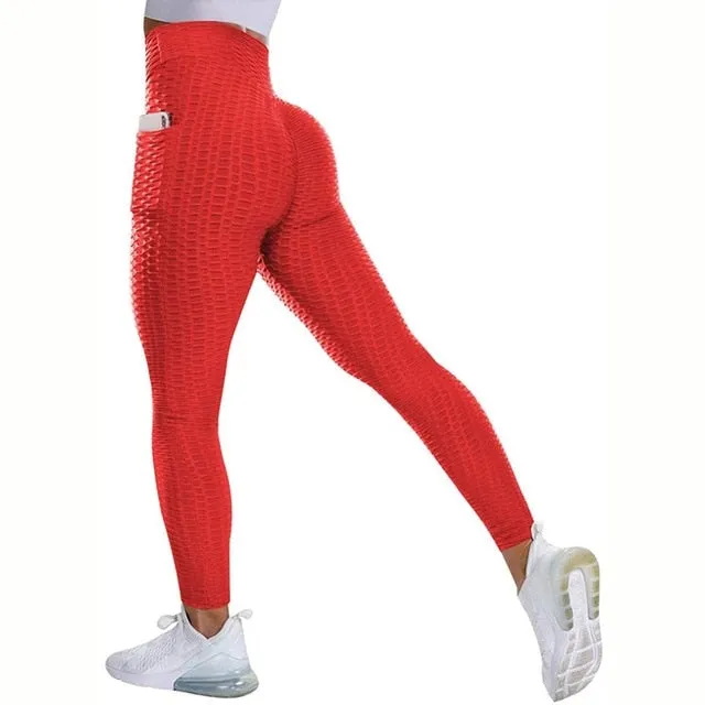 Textured High Rise Leggings - Pink With Pockets