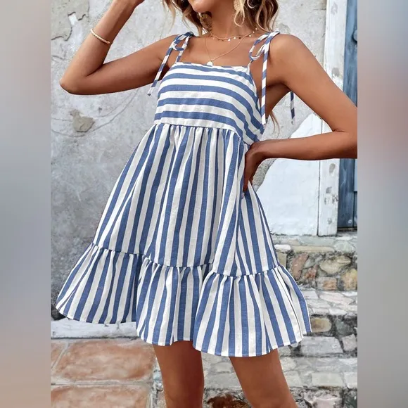 Tied sleeve striped blue white mini smock dress boho preppy