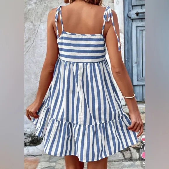 Tied sleeve striped blue white mini smock dress boho preppy