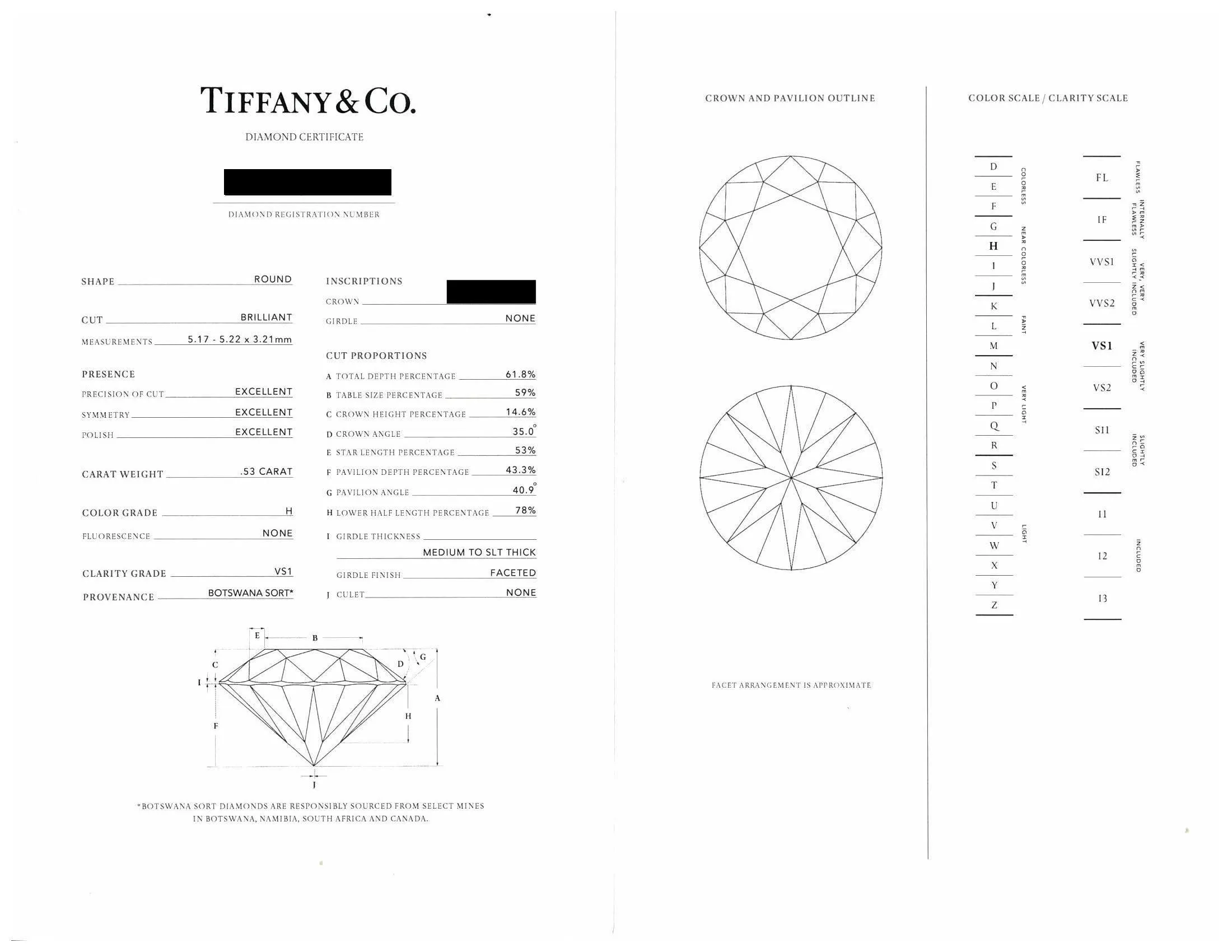 Tiffany & Co. Round Brilliant .53 ct H VS1 Diamond Solitaire Ring in Platinum