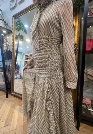Tory Burch Beige Checked Maxi Dress with Sequin Detailing - Size S/M