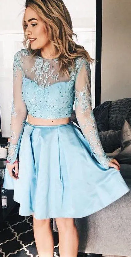 Two Pieces Long Sleeves See Through Cheap Homecoming Dresses Online, BDY0357