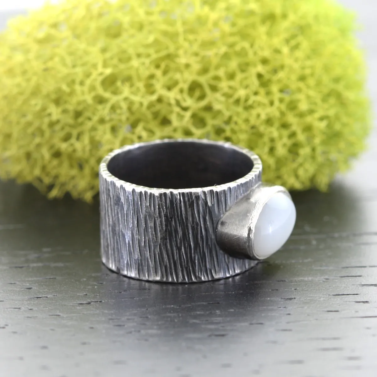 Unisex White Moonstone Silver Textured Ring