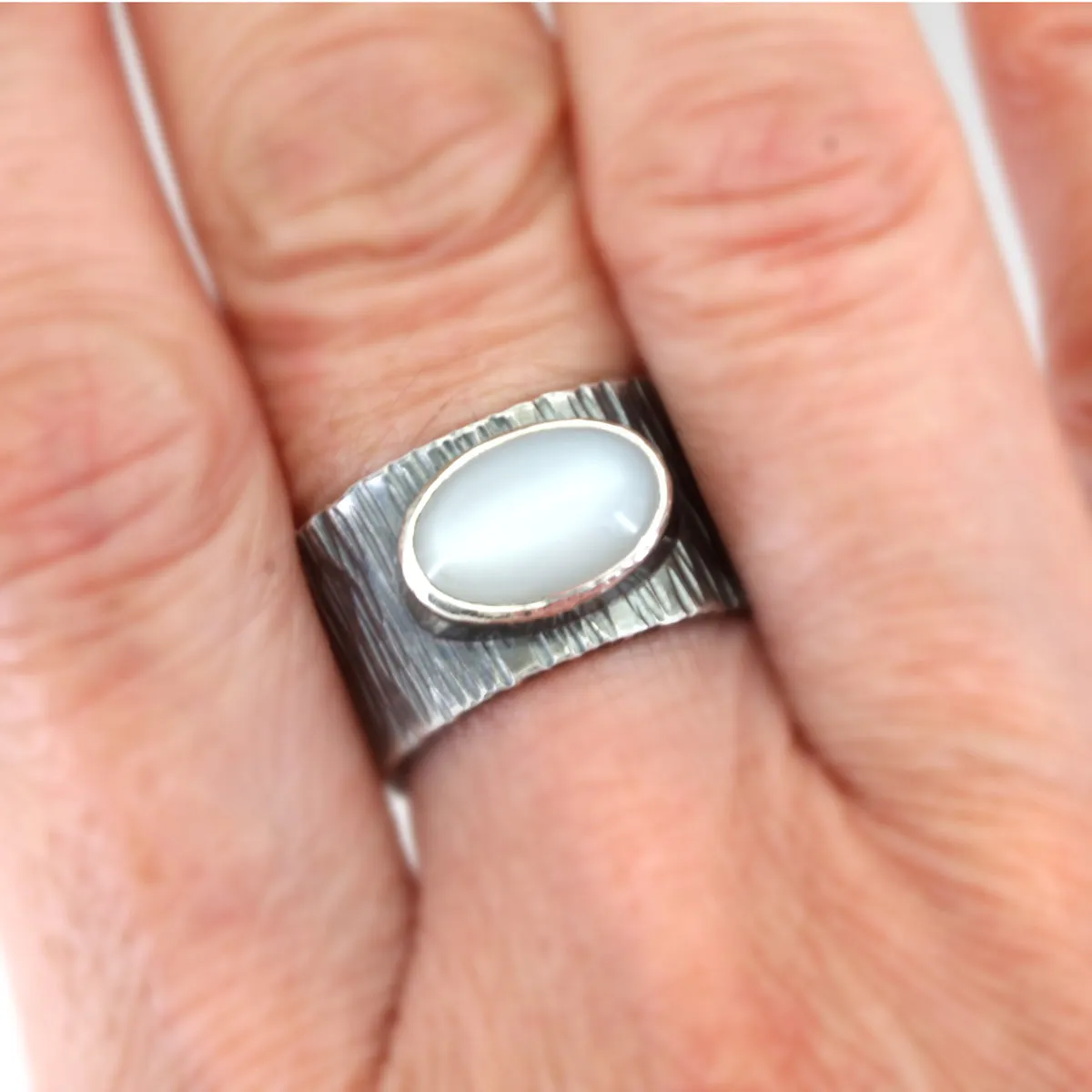 Unisex White Moonstone Silver Textured Ring