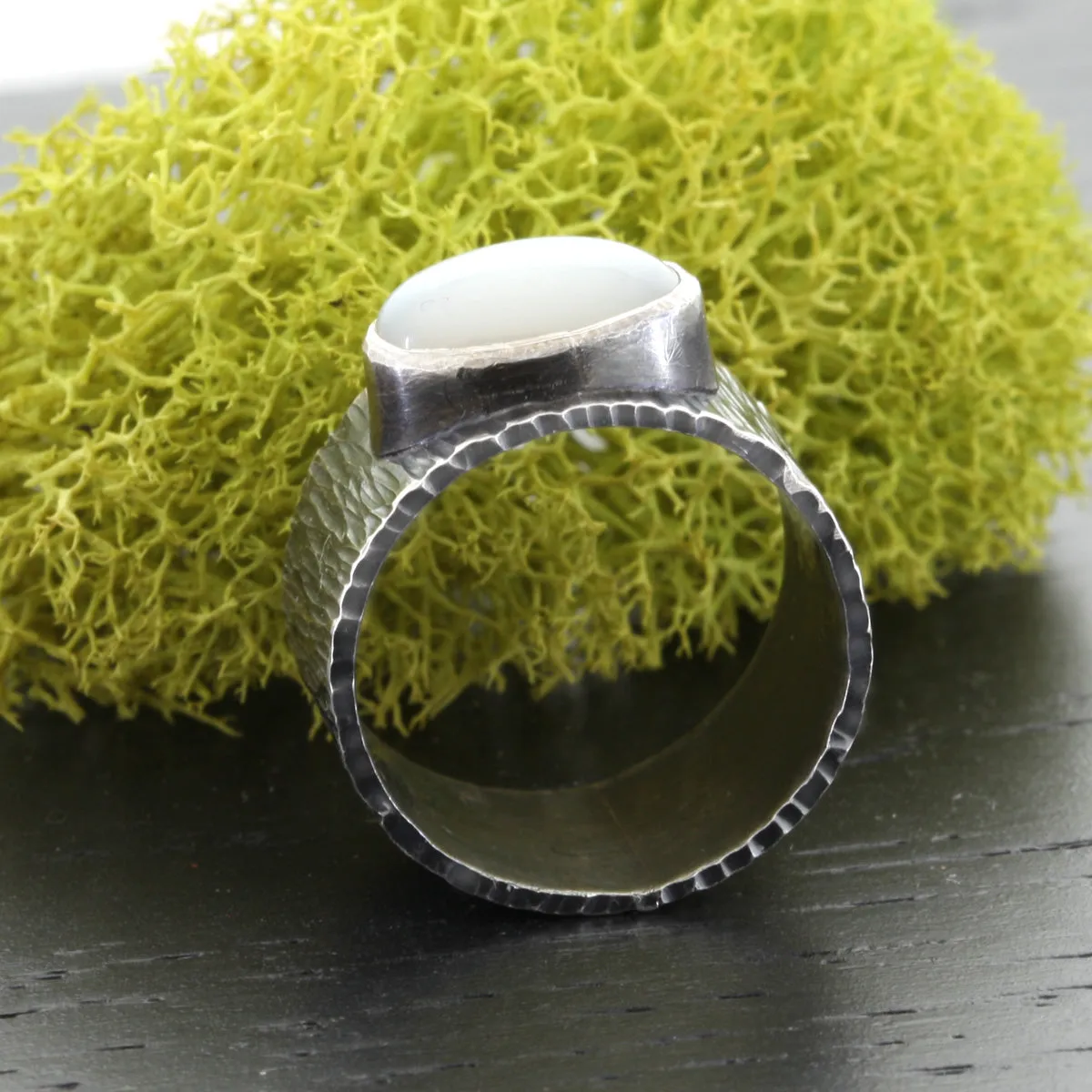 Unisex White Moonstone Silver Textured Ring