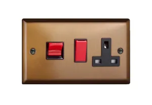 Varilight Urban Brushed Bronze Cooker Panel with 45 Amp Red Cooker Switch and 13A Switched Socket Black Insert