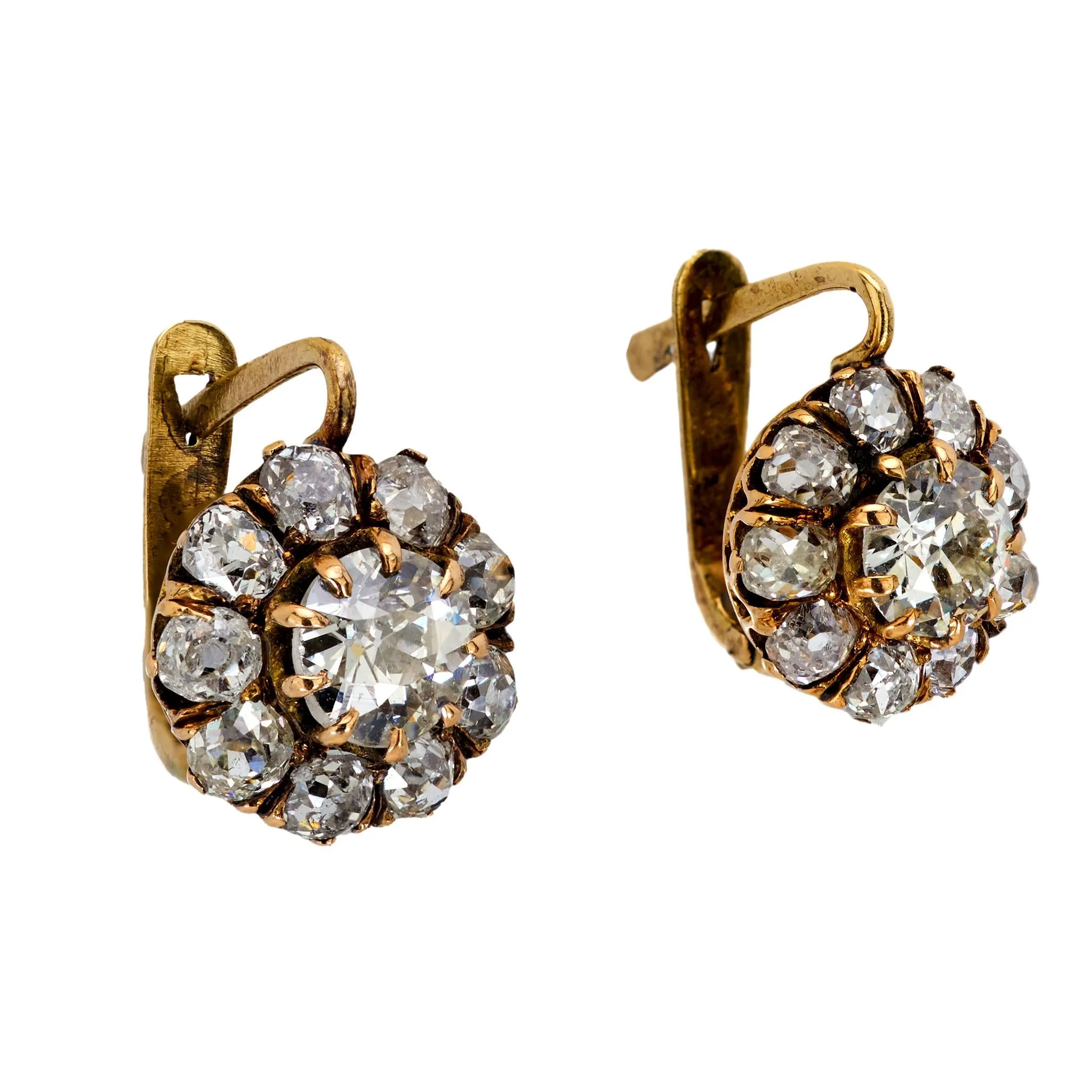 Victorian style 3 carat diamond 18k yellow gold cluster earrings