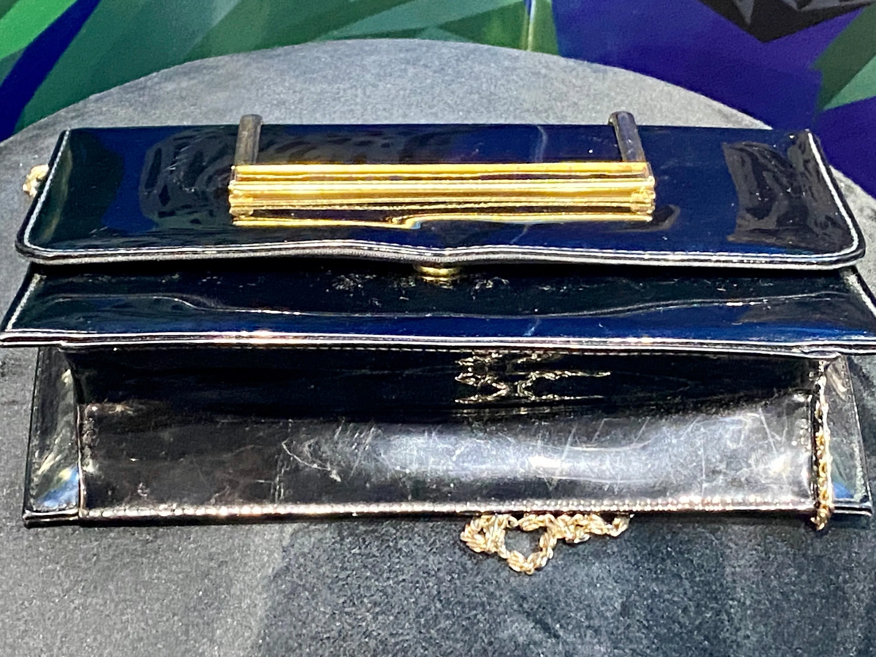 Vintage: Black Patent Leather Purse with Gold Accent