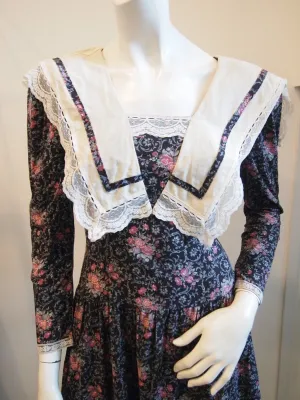Vintage Gunne Sax Black Floral Lace  Trim Long Sleeves Dress with Big Collar