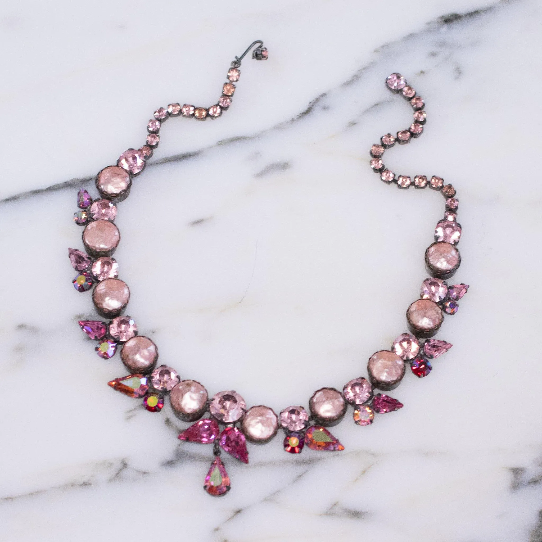 Vintage Pink Coin Pearl and Pink Rhinestone Necklace