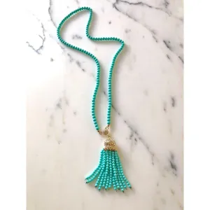 Vintage Turquoise Tassel Necklace with Rhinestones
