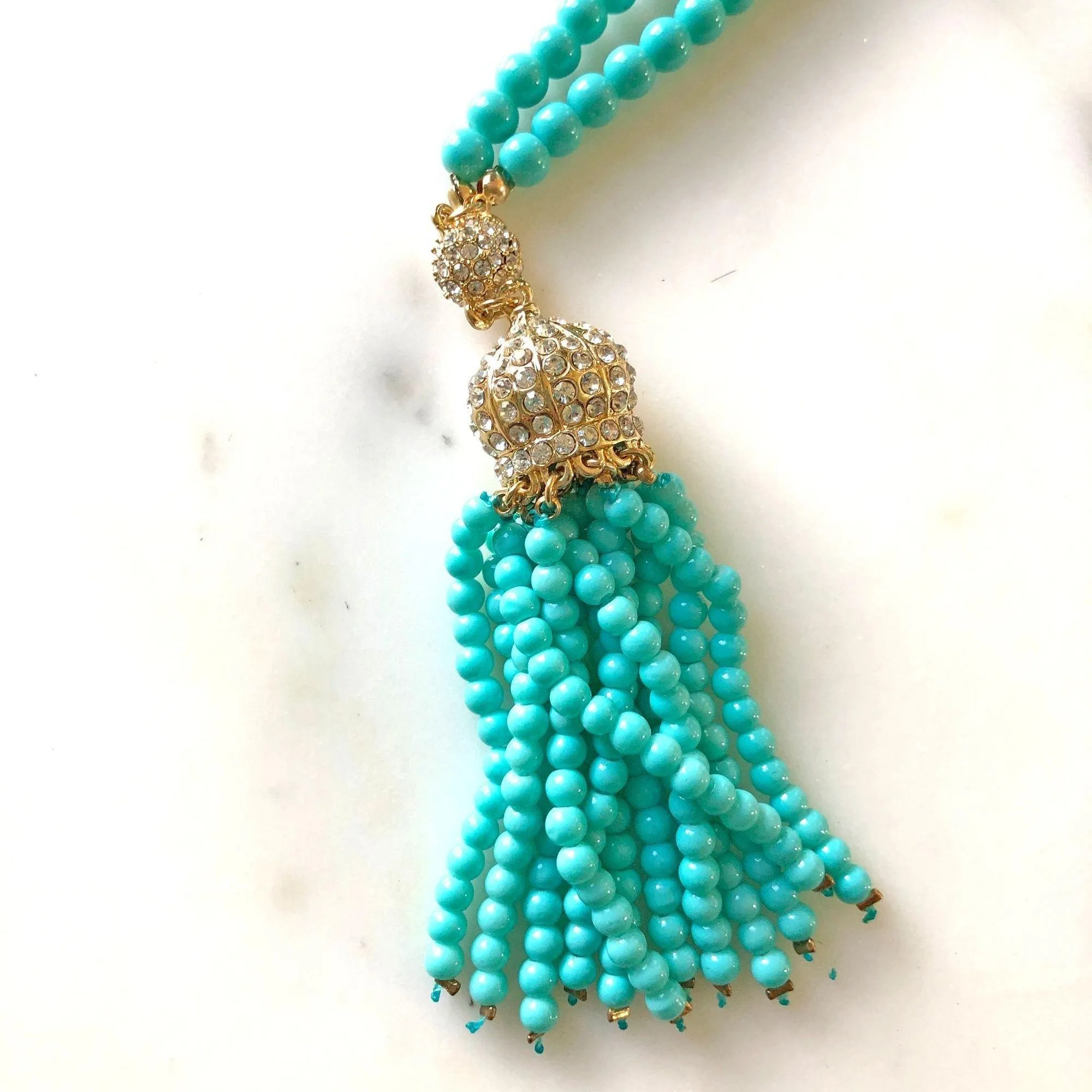 Vintage Turquoise Tassel Necklace with Rhinestones