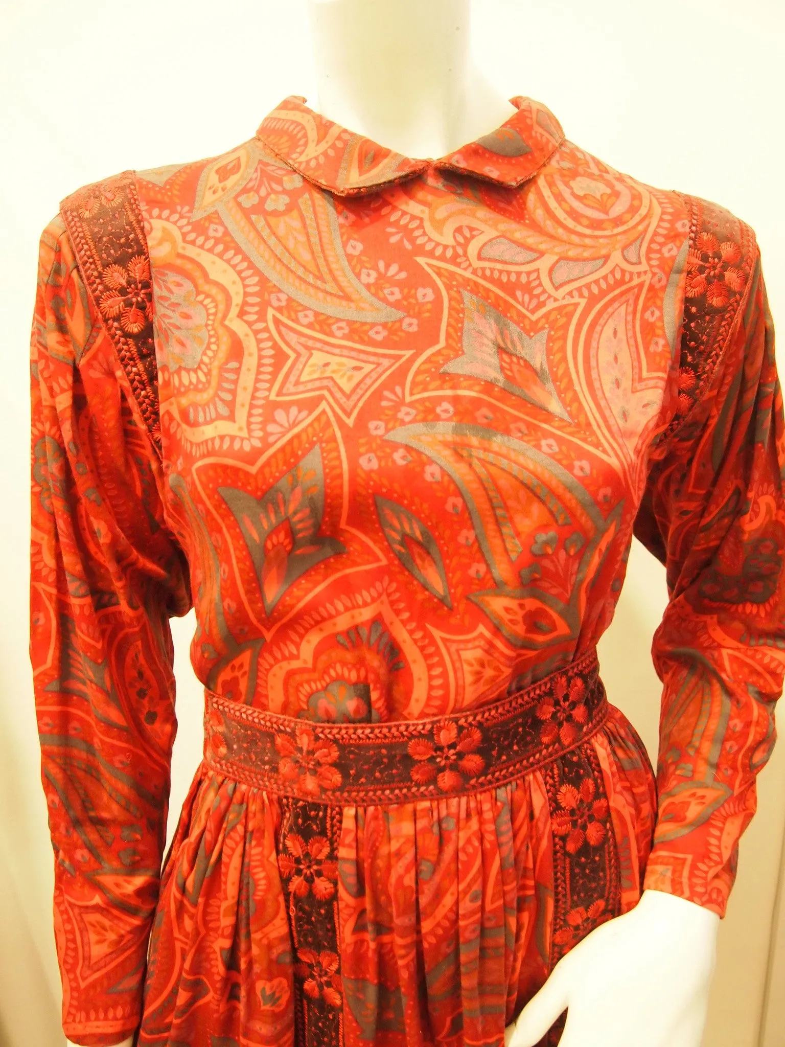 Vintage Victor Costa Red Pansy Print Longsleeve Top and Skirt Set with Velvet Embroidered Trim