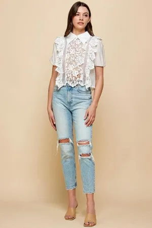 White crochet lace see through blouse,