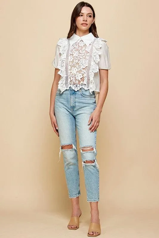 White crochet lace see through blouse,