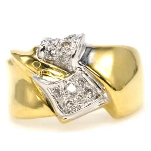 Wide 18K Two Tone Gold and Diamond Ribbon Style Bypass Ring