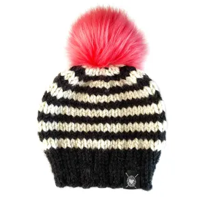 Wide Stripe Faux Fur Pom-Pom Beanie in Pop of Coral