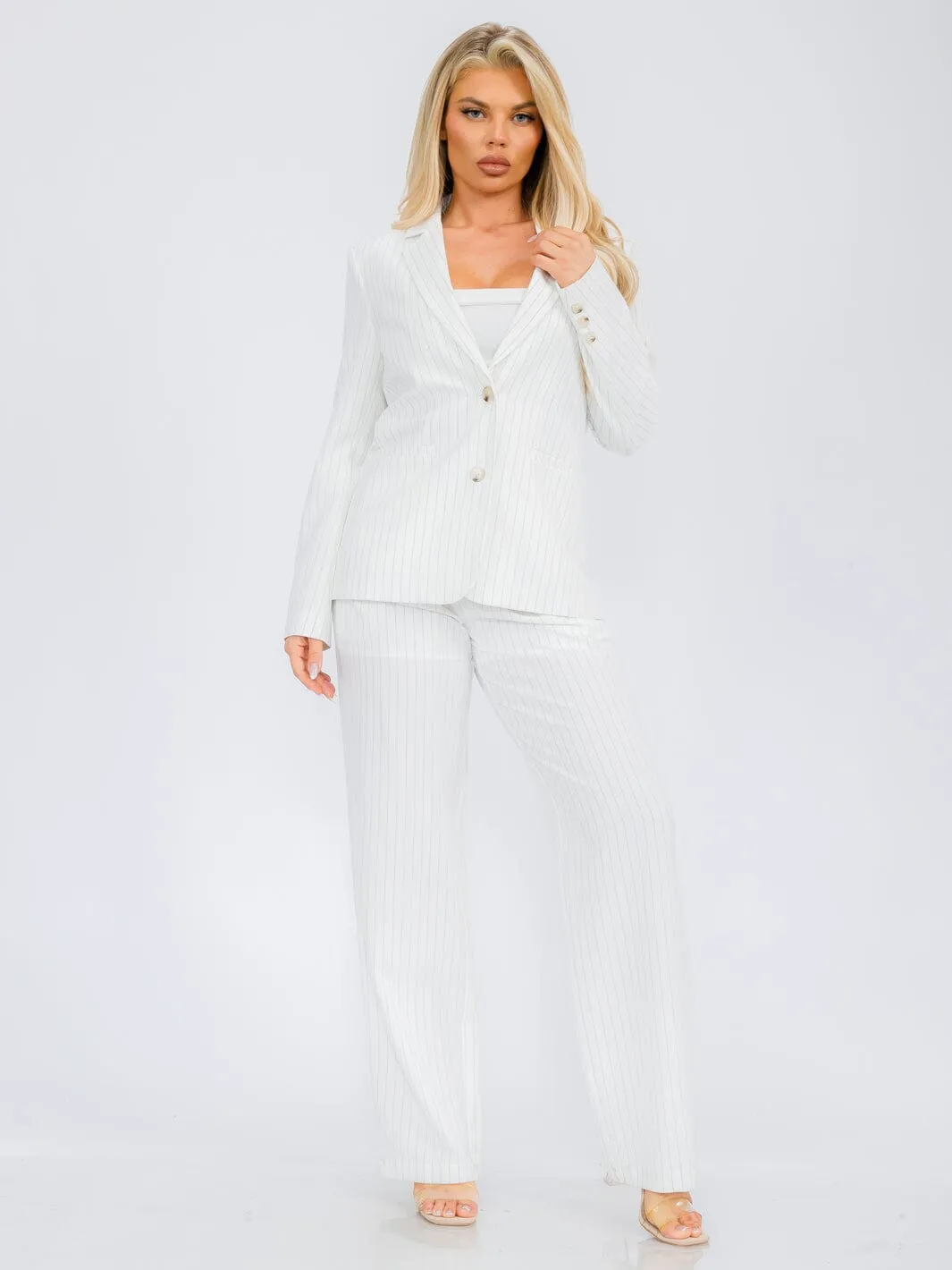 WOMEN'S LONG SLEEVE BLAZER & BUTTON CLOSURE WIDE LEG PANTS STRIPES 2PC SET