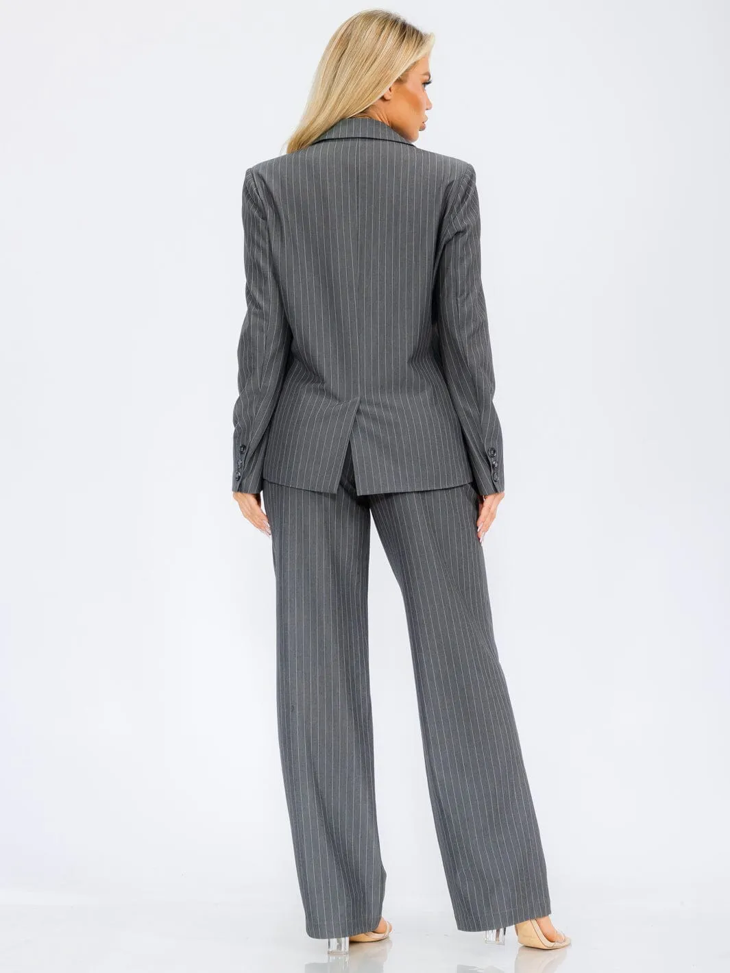 WOMEN'S LONG SLEEVE BLAZER & BUTTON CLOSURE WIDE LEG PANTS STRIPES 2PC SET