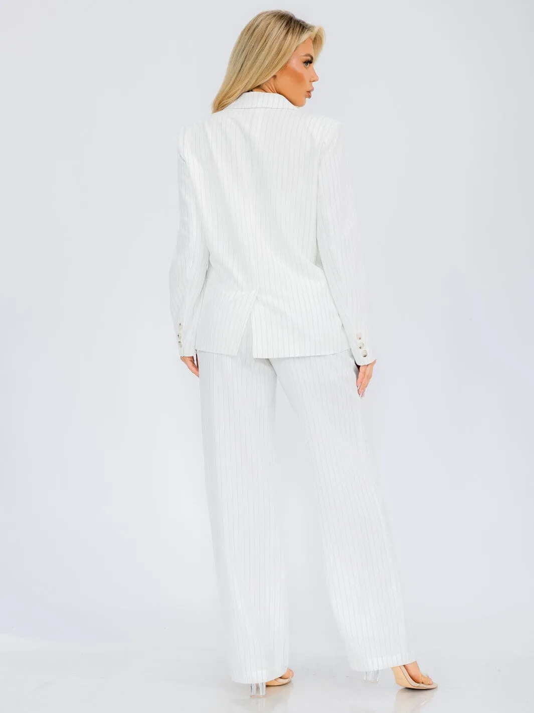 WOMEN'S LONG SLEEVE BLAZER & BUTTON CLOSURE WIDE LEG PANTS STRIPES 2PC SET