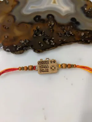 Wood Camera Designer Rakhi with Selfie Wala Bhai Slogan Beads Multicolor Thread Rakhi